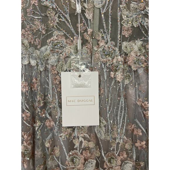 New Mac Duggal Sz 12 pink flower floral glitter Embroidered Illusion V-Neck Gown - Picture 7 of 11